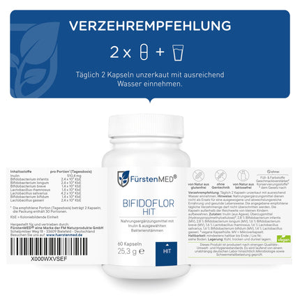 FürstenMED® Bifidoflor HIT - Lactobacillus un Bifidobacterium kapsulas histamīna nepanesības ārstēšanai - 60 kuņģa sulu izturīgas kapsulas ar inulīnu - laboratoriski pārbaudītas, vegānas un bez piedevām