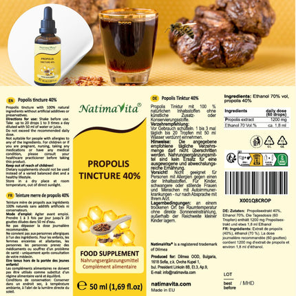 Propolisa tinktūra 40% - 50 ml - tīri augstas devas pilieni - 100% dabīgs ekstrakts - imūnsistēmas atbalstam - praktiska pipete - NatimaVita