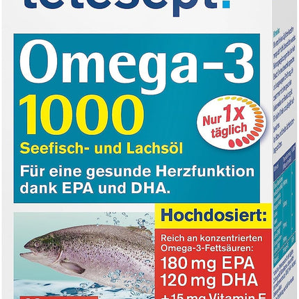 tetesept Omega-3 1000 - jūras zivju un lašu eļļas kapsulas - augsta Omega 3 taukskābju deva DHA, EPA un E vitamīns - uztura bagātinātājs sirds un asinsvadu sistēmas atbalstam - 80 kapsulas (1 iepakojums)