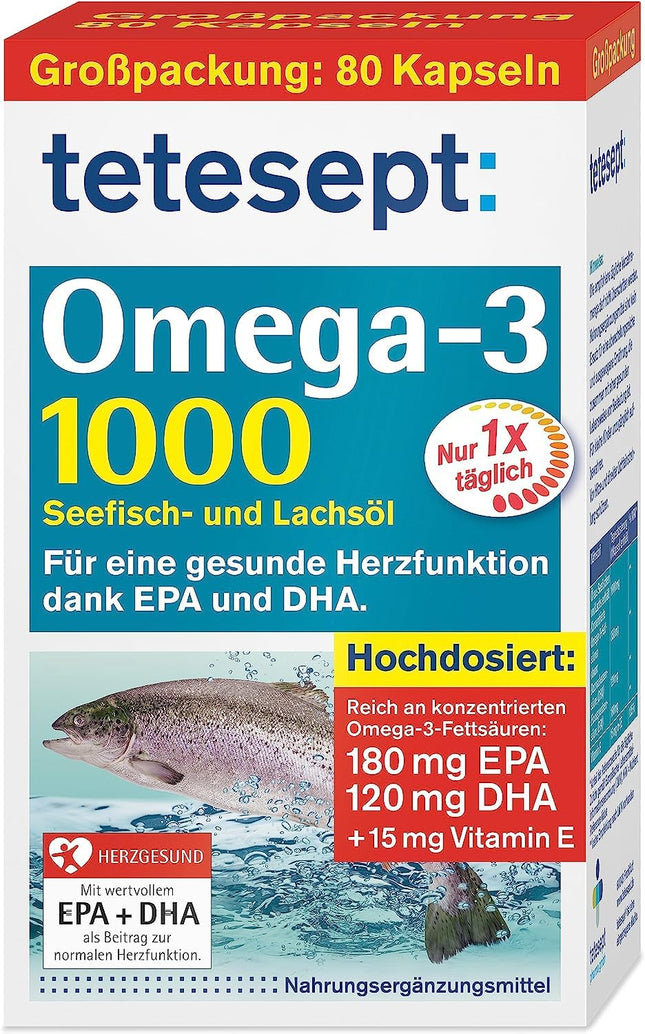 tetesept Omega-3 1000 - jūras zivju un lašu eļļas kapsulas - augsta Omega 3 taukskābju deva DHA, EPA un E vitamīns - uztura bagātinātājs sirds un asinsvadu sistēmas atbalstam - 80 kapsulas (1 iepakojums)
