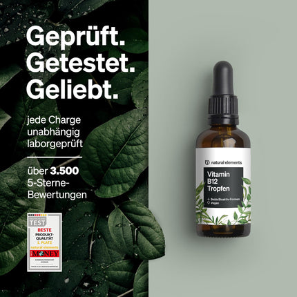 B12 vitamīna pilieni – 50 ml – 500 µg B12 vienā pilienā – Viena gada krājums – 2 aktīvās formas (metilkobalamīns un adenozilkobalamīns) – vegānisks, bezalkoholisks – rūpīgi laboratoriski pārbaudīts Vācijā