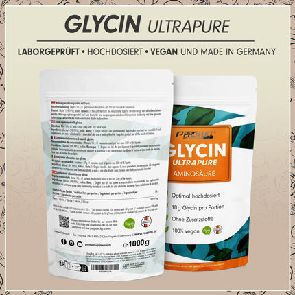 Glicīna pulveris 1 kg - optimāli dozēts ar 10 g glicīna dienā - Glicīns Ultrapure ar tīrību virs 99,9% - Aminoskābe bez piedevām - laboratoriski pārbaudīts ar sertifikātu - 100 dienu piegāde