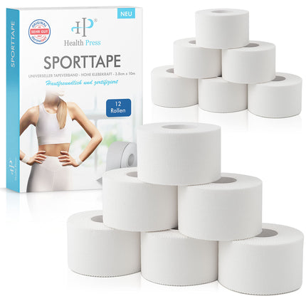 Health Press® sporta lente — 12 lentes ruļļi (3,8 cm x 10 m) — balta sporta lente — noplēšama profesionāla sporta lente — sporta lente visiem sporta veidiem