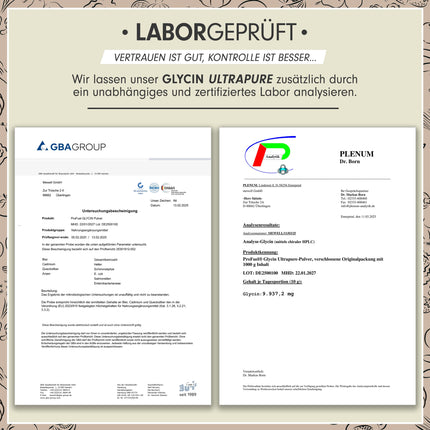Glicīna pulveris 1 kg - optimāli dozēts ar 10 g glicīna dienā - Glicīns Ultrapure ar tīrību virs 99,9% - Aminoskābe bez piedevām - laboratoriski pārbaudīts ar sertifikātu - 100 dienu piegāde