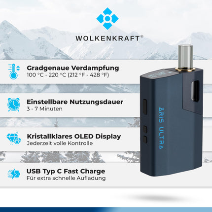 WOLKENKRAFT ÄRiS ULTRA Premium iztvaicētājs - USB-C | Titāna kamera | Temperatūra 100–220 °C | Darbības taimeris 3–7 min. | ECA konvekcijas tehnoloģija *Nakts zila*