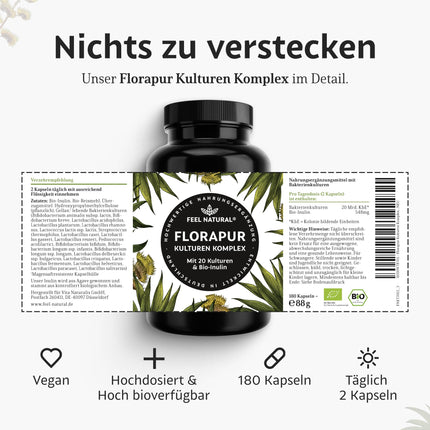 Florapur kultūru komplekss - 180 kuņģa sulu izturīgas kapsulas - 3 mēnešu krājumi - 20 baktēriju kultūras un organiskais inulīns - 20 miljardi CFU dienā - pienskābes baktērijas, bifidobaktērijas - vegāns