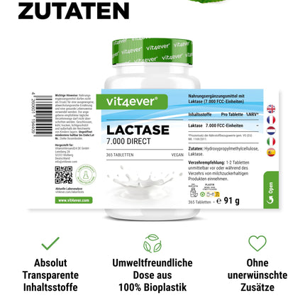 Laktāzes 7000–365 tabletes ar tūlītēju iedarbību — augsta deva ar 7000 FCC vienībām — laktozes un piena nepanesības gadījumā — bez nevēlamām piedevām — laboratoriski pārbaudītas — vegānas
