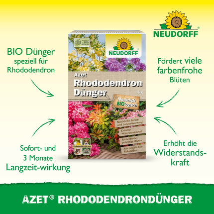 Neudorff Azet rododendru mēslojums – organiskais rododendru mēslojums ar mikorizu nodrošina krāsainus un krāšņus ziedus ar 3 mēnešu ilgtermiņa efektu, 1 kg