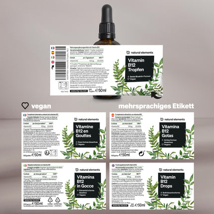 B12 vitamīna pilieni – 50 ml – 500 µg B12 vienā pilienā – Viena gada krājums – 2 aktīvās formas (metilkobalamīns un adenozilkobalamīns) – vegānisks, bezalkoholisks – rūpīgi laboratoriski pārbaudīts Vācijā