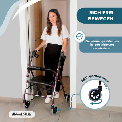 Mobiclinic®, Rollators, Escorial, Eiropas zīmols, Salokāms un viegls, Noslēdzama rokas bremze, Iešanas palīglīdzeklis, Alumīnijs, Noņemams grozs, Ar sēdekli un atzveltni, Bordo