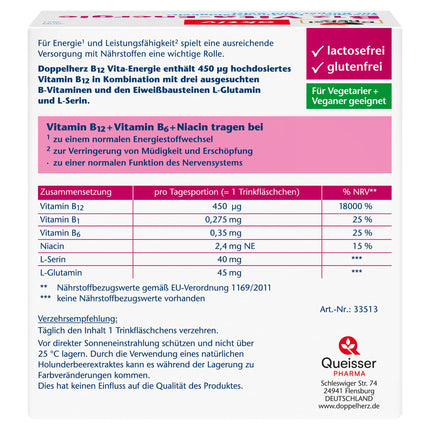 Doppelherz B12 Vita-Energie - vegāns un ar augstu B12 vitamīna devu katrā flakonā - 30 flakoni ar aveņu garšu