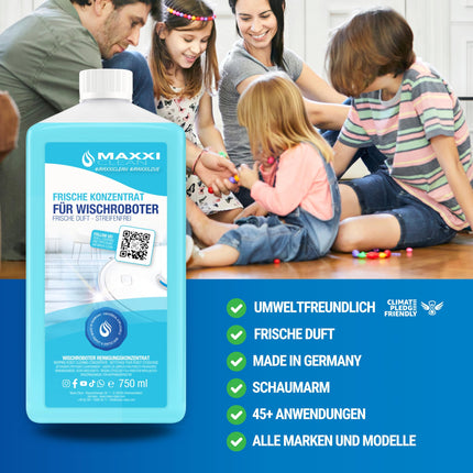 Maxxi Clean | 750 ml grīdas tīrīšanas līdzeklis ar svaigu aromātu | piemērots visiem robotizētajiem mopiem | Universāls tīrīšanas līdzekļa koncentrāts | Tīrīšanas šķidrums grīdām, parketam, flīzēm | Putekļsūcēja tīrīšanas līdzeklis