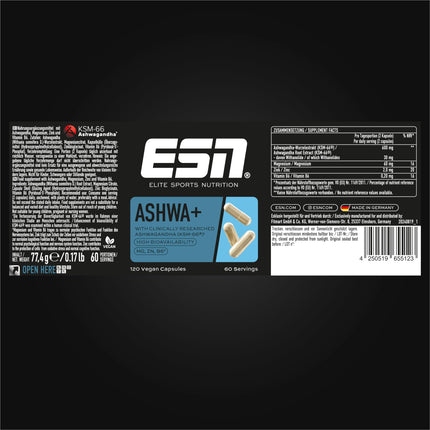 ESN Ashwa +, patentēts ašvagandas saknes ekstrakts KSM-66®, 120 kapsulas, Indijas pasiflora, ar magniju, B6 vitamīnu un cinku, vegāns (iepakojums var atšķirties)