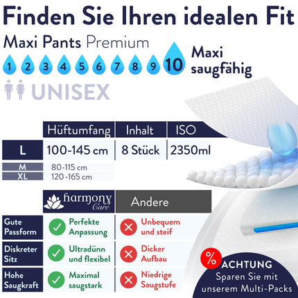 Harmony Care ® MAXI ļoti absorbējošas pieaugušo autiņbiksītes – diskrētas urīna nesaturēšanas biksītes sievietēm un vīriešiem – pieaugušo autiņbiksītes, L izmērs – 8 gabalu testa iepakojums