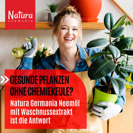 Natura Germania® Nīma eļļa 1000 ml ar ziepju riekstu ekstraktu ar smidzināšanas pudeli un mērtrauku - Pagatavo 100 litrus gatava šķīduma - Nīma aerosols dabiskai augu kopšanai istabas augiem/dārza augiem