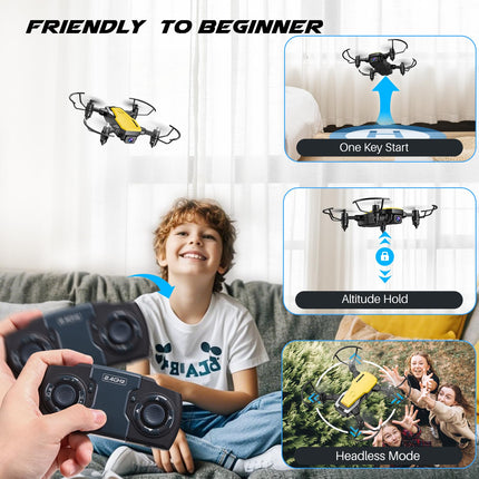 SIMREX X300C drons ar 720P HD kameru, RC kvadrokoptera salokāms drons, mini drons ar augstuma noturēšanu, 3D pagriezienu, bezgalvas režīmu, gravitācijas kontroli un 2 baterijām, dāvanas bērniem, pieaugušajiem, dzeltens