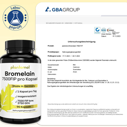 Bromelaīna kapsulas ar 7500 FIP/kapsulu - Augsta bromelaīna deva - 750 mg bromelaīna enzīma no ananasiem - Enzīmu aktivitāte 10 000 FIP/g - 3 mēnešu krājums