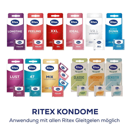 Ritex prezervatīvu dozators – prezervatīvu paraugu iepakojums ar 40 gabaliem, prezervatīvu dozators ar 5 dažādiem Ritex prezervatīviem dažādībai un jautrībai – vegāniski prezervatīvi, dermatoloģiski pārbaudīti, ražoti Vācijā