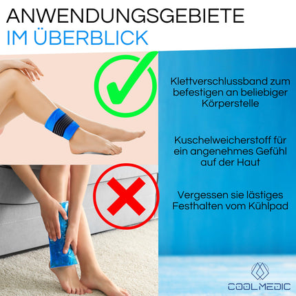 COOLMEDIC Premium Kühlpad Kühlkompresse inkl. Bandage | XXL Kalt Warm Kompresse 29x12cm | Mehrfach-Kompresse Kühlpads Gel Kühlkissen Kaltkompresse z. Kühlen von Schmerzen f. Kinder & Erwachsene