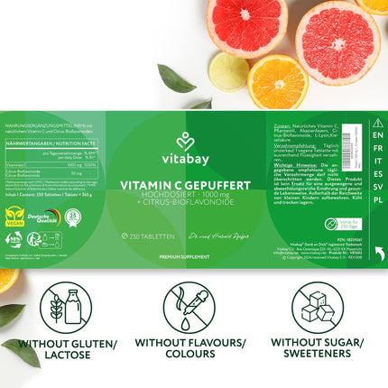 Vitabay C vitamīns ar augstu devu 1000 mg - 250 vegānas tabletes ar aizkavētu atbrīvošanos. Buferēts C vitamīns - C vitamīns ar citrusaugļu bioflavonoīdiem - C vitamīns ar aizkavētu atbrīvošanos - laboratoriski pārbaudīts.