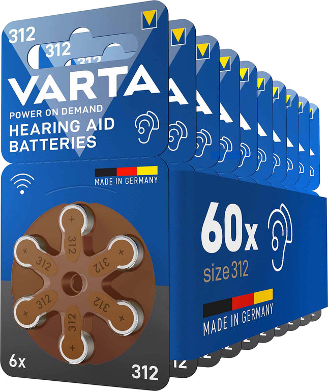 VARTA dzirdes aparātu baterijas, 312. tips, brūnas, 60 baterijas, uzglabāšanas iepakojums, barošana pēc pieprasījuma, bezvadu apstiprinājums, p 312 izmērs dzirdes aparātiem un dzirdes palīglīdzekļiem, ražotas Vācijā