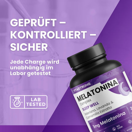 Melatonīna Vitastrong komplekss, 365 mikrotabletes, augsta deva ar kumelītēm, baldriānu, lavandu un B6 vitamīnu, melatonīna tabletes miega kvalitātei un laika joslu maiņas mazināšanai, bez cukura, glutēna un ĢMO