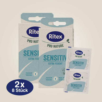 Ritex Pro Nature Sensitive prezervatīvi – dabiski īpaši mitrinoši – ilgtspējīgi godīgi. Ražoti Vācijā, 16 gabali.