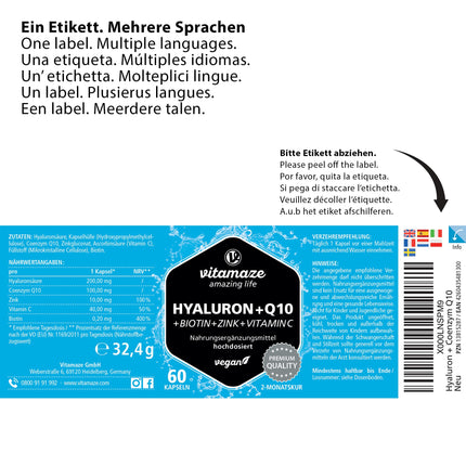 Augstas devas hialuronskābe 200 mg + koenzīms Q10 100 mg uz vegānu kapsulu, 2 mēnešu kurss, augsta biopieejamība, zema molekulmasa: 500–700 kDa, uztura bagātinātājs bez liekām piedevām