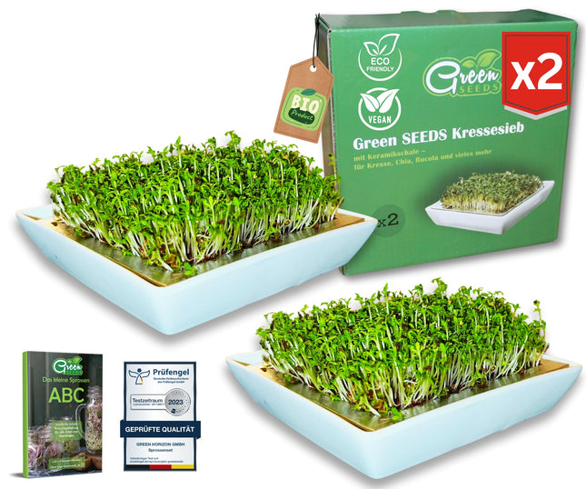 Green SEEDS® kressalātu sietu komplekts (2 gab.) [Oriģinālais] | Nerūsējošā tērauda siets ar augstas kvalitātes keramikas bļodu, ilgtspējīgi iepakots | Audzēšanas paplāte 14 x 14 cm + dīgšanas ABC | Kressalātu paplāte Kressalātu dīgšanas paplāte