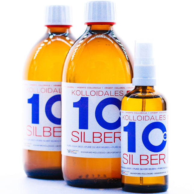 Koloidālais sudrabs 10PPM – 1100ml ar 100ml aerosolu | Augstākās kvalitātes sudraba ūdens ● Izmērāma kvalitāte (PPM) ● Brūnais stikls un ikdienas ražošana | Ražots Vācijā