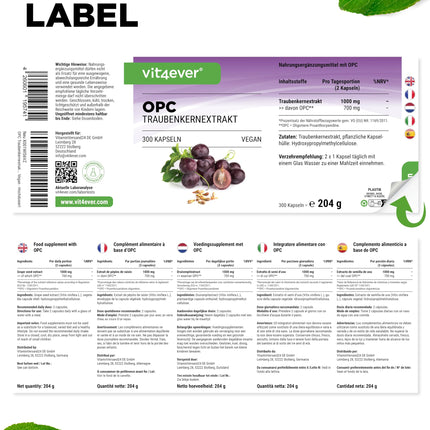 OPC vīnogu kauliņu ekstrakts - 300 kapsulas - 1000 mg ekstrakta ar 700 mg OPC - Augstākais OPC saturs saskaņā ar HPLC - Laboratorijā pārbaudīts OPC no Eiropas vīnogām - Vegāns - Augsta deva