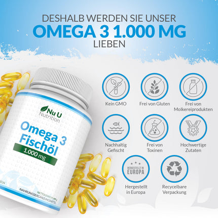 Omega 3 zivju eļļa 1000 mg - 365 kapsulas augstā devā - 900 mg EPA un DHA vienā devā triglicerīdu veidā - Tīra zivju eļļa no ilgtspējīgas zvejas - Neaizstājamās Omega 3 taukskābes - Nu U Nutrition