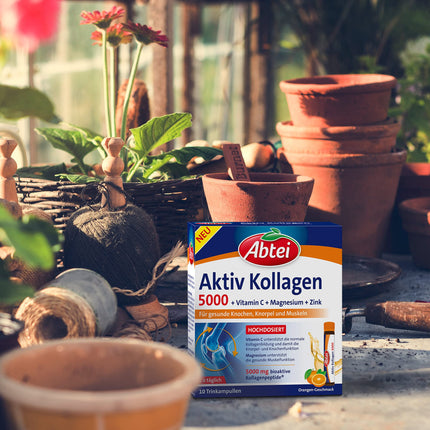 Abtei Active Collagen 5000 - veselīgiem kauliem, skrimšļiem un muskuļiem - ar C vitamīnu, magniju un cinku - bez cukura - 1 x 10 dzeršanas ampulas pa 25 ml katrā