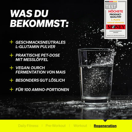 L-glutamīna pulveris – 500 g – tīrs L-glutamīns – bezgaršīgs – vegāns, augsta deva, bez piedevām – izstrādāts Vācijā