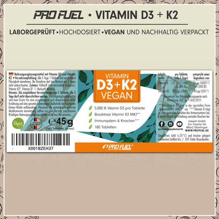 VEGĀNS D3 K2 vitamīns - 180 tabletes ar 5000 SV D3 + 200 mcg K2 (MK7) - Augstas devas un vegāns D3 vitamīns + K2 vitamīns bioaktīvā MK7 formā - laboratoriski pārbaudīts ar sertifikātu - Uzglabāšanas iepakojums: 180 tabletes