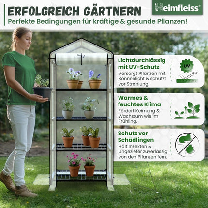 Heimfleiss® tuneļa tipa siltumnīca ar 4 līmeņiem | Balkona siltumnīca maza | Dārza siltumnīca vētras un ziemas izturībai | Augu telts, kas izgatavota no folijas un metāla rāmja | Audzēšanas plaukts Siltumnīcas balkona siltumnīca