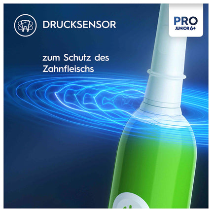 Oral-B Pro Junior elektriskā zobu birste bērniem no 6 gadu vecuma, spiediena sensors, 3 tīrīšanas režīmi, tostarp jutīgais zobu kopšanas režīms, mīksti sariņi un taimeris, Braun dizains, zaļa