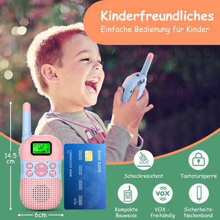 Kidsfun 2×Rācija bērniem, USB uzlādējama āra rotaļu rācija ar lukturīti, dāvana zēniem un meitenēm no 3 gadu vecuma, 3 jūdžu darbības rādiuss iepirkšanās, brīvā dabā, kempingam. Rozā