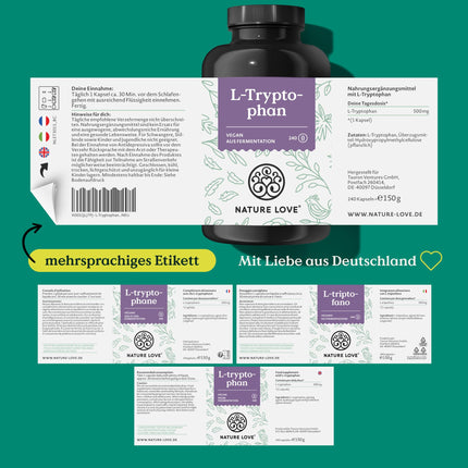 NATURE LOVE® L-triptofāns - 240 kapsulas, laboratoriski pārbaudītas, lielas devas ar 500 mg dienā, vegānisks un ražots Vācijā - bez nevajadzīgām piedevām