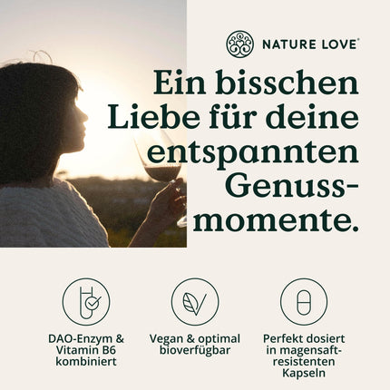 NATURE LOVE® DAO enzīmu komplekss – ar B6 vitamīnu normālai enerģijas metabolismam* – augsta deva – no zirņu asnu pulvera, vegāns, laboratorijā pārbaudīts
