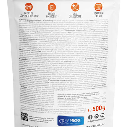 CREAPROOF® kreatīna monohidrāts 500 g - Kreatīna monohidrāts ar augstāko tīrības pakāpi, ko apstiprina neatkarīgas laboratorijas analīzes - Kreatīns bez smagajiem metāliem vai piemaisījumiem - Augstākās kvalitātes kreatīna pulveris