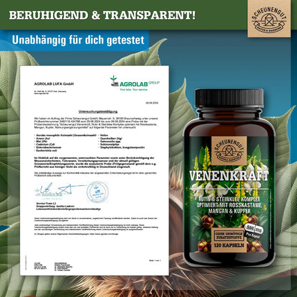 VENENKRAFT® Rutīna saldā āboliņa kapsulas ar augstu devu — SVARĪGI: Laboratorijā pārbaudīts vēnu komplekss ar rutīnu, saldo āboliņu, zirgkastaņas ekstraktu, mangānu, varu un citām vielām | 120 gab. -DE- SCHEUNENGUT®