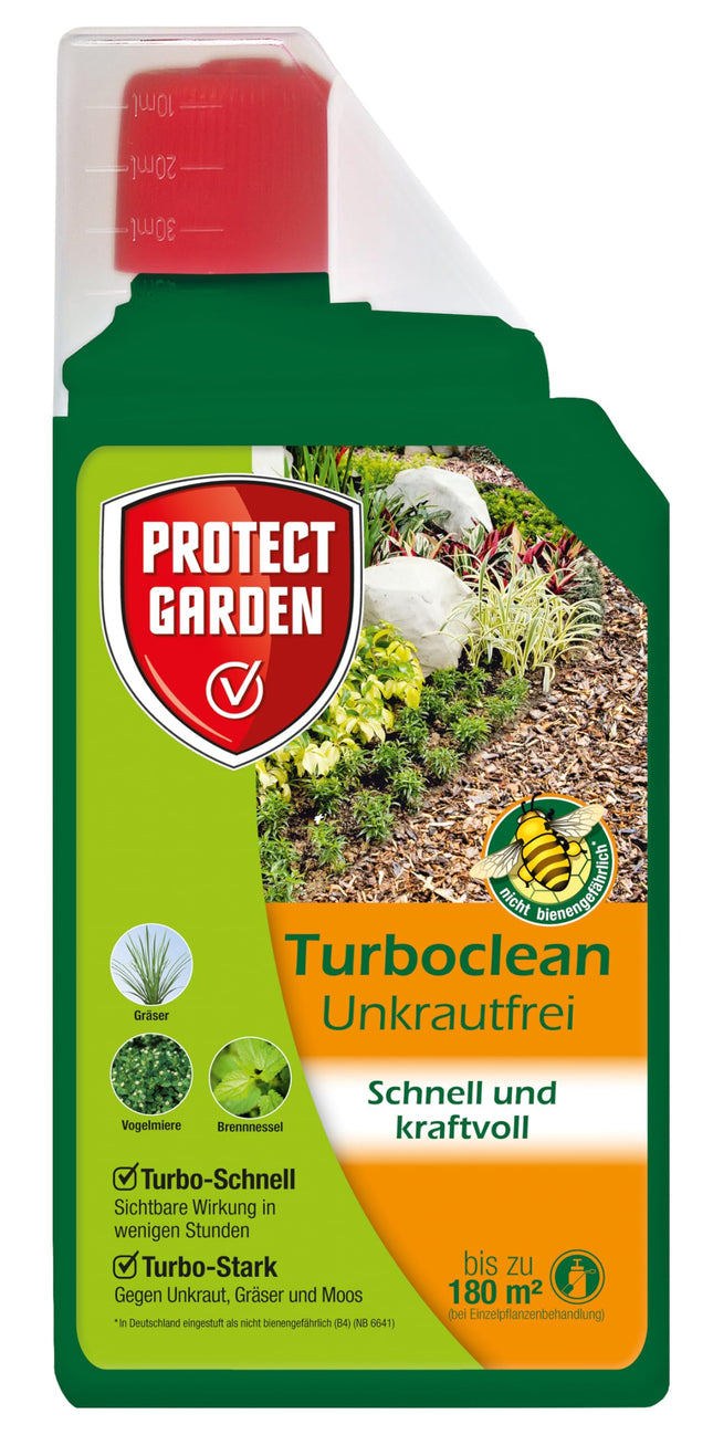 PROTECT GARDEN Turboclean bezrezerves līdzeklis, nezāļu iznīcinātājs pret spītīgām nezālēm, piemēram, mežrozīti un kosu, 1000 ml koncentrāts