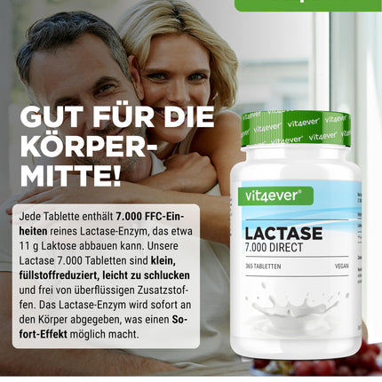 Laktāzes 7000–365 tabletes ar tūlītēju iedarbību — augsta deva ar 7000 FCC vienībām — laktozes un piena nepanesības gadījumā — bez nevēlamām piedevām — laboratoriski pārbaudītas — vegānas