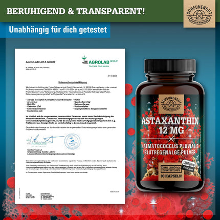 Astaksantīns 12 mg - SVARĪGI: Neoksidējas, pateicoties esterificētai struktūrai - Tiešs avots no Francijas (nevis Ķīnas preces) - Sertificēts astaksantīns augstā devā - DE- SCHEUNENGUT®