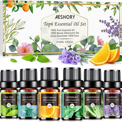 AESHORY ēterisko eļļu komplekts difuzoram 6 x 10 ml, 100% tīra aromterapijas smaržeļļa, aromātisko eļļu dāvanu komplekts ziepēm, svecēm, mitrinātājam, SPA - lavanda, piparmētra, tējas koks, saldais apelsīns, eikalipts