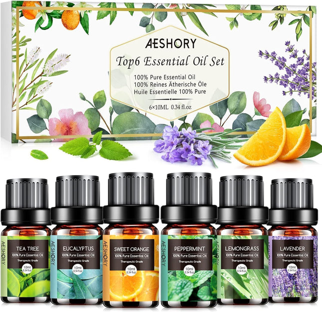 AESHORY ēterisko eļļu komplekts difuzoram 6 x 10 ml, 100% tīra aromterapijas smaržeļļa, aromātisko eļļu dāvanu komplekts ziepēm, svecēm, mitrinātājam, SPA - lavanda, piparmētra, tējas koks, saldais apelsīns, eikalipts