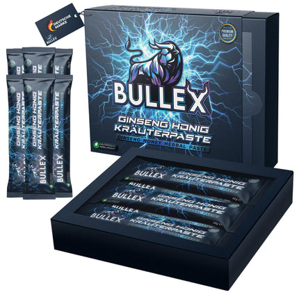 BULLEX dabīgs līdzeklis vīriešiem – īpaši stipra augu maisījuma pasta vīriešiem – gels aktīvam vīrietim ar lielu žeņšeņa devu – 6 x 12 gramu bezrecepšu Macun medus paciņas