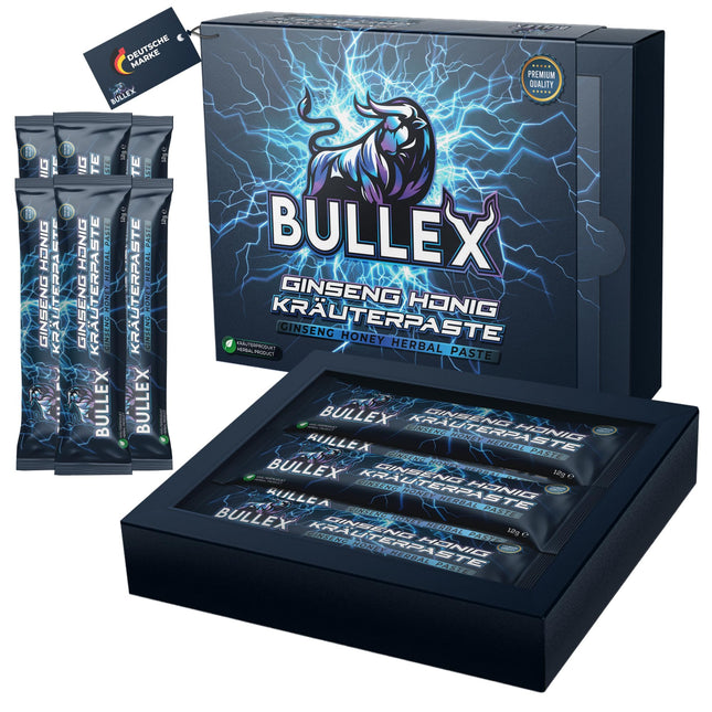 BULLEX dabīgs līdzeklis vīriešiem – īpaši stipra augu maisījuma pasta vīriešiem – gels aktīvam vīrietim ar lielu žeņšeņa devu – 6 x 12 gramu bezrecepšu Macun medus paciņas