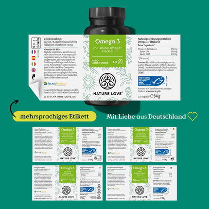 Omega 3 — augsta deva ar 650 mg Omega 3 taukskābēm vienā dienas devā — 120 mazas kapsulas ar augstākās kvalitātes izejvielām AlaskOmega® (MSC sertificēts) — ražots Vācijā bez piedevām